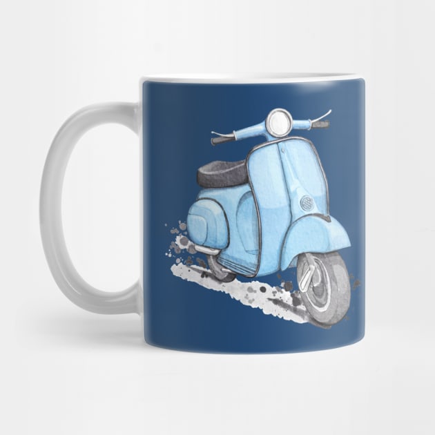 Blue classic vintage scooter. Blue background. by Magic Mouse Illustration